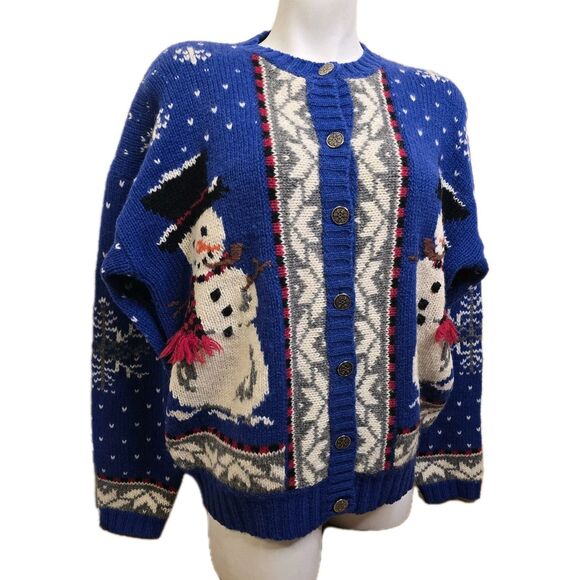 VTG Woolrich Women’s M Handframed Royal Blue Snowman Winter Wool Knit Cardigan - Picture 1 of 16